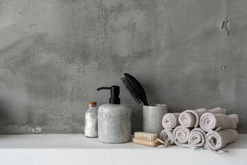 Beauty objects against grey copy space wall in bathroom