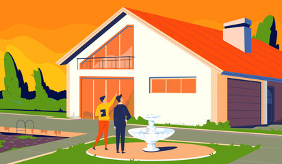 the house in the garden which is a fountain and a pool, the fountain and the pool are dirty,near the fountain are two men communicating with each other and looking at the house,vector,cartoon.
- 364520852