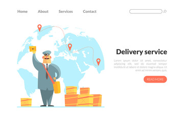 Delivery Service Landing Page Template, Cheerful Postman in Uniform Delivering Parcels Web Page, Mobile App, Homepage Vector Illustration