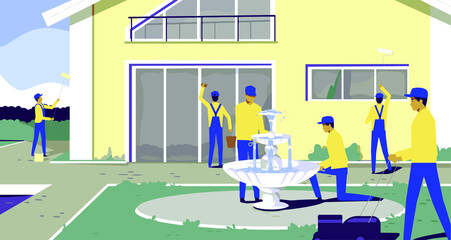 many people who clean the garden of the house,one man paints the wall of the house, another washes the windows,a man cuts the grass,which has a fountain in its yard,vector. - 364521009