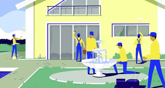 many people who clean the garden of the house,one man paints the wall of the house, another washes the windows,a man cuts the grass,which has a fountain in its yard,vector.
