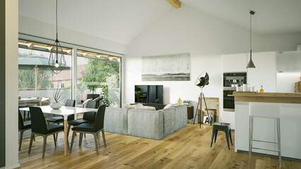 view inside modern luxury attic loft apartment - 3d rendering