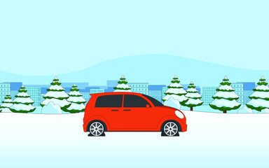 red car, snow everywhere, in the background are fir trees covered with snow,vector. - 364521295