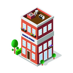 High brick building, the style is isometric. With trees and a facade. Signboard dance Studio.eps
