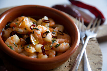 Gambas al ajillo, traditional spanish tapa