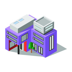 Modern purple house with a facade, isometry. Megalopolis. Architecture.eps