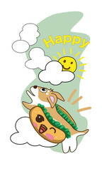 dog, food, vector, illustrator, sun, happy, cloud, cartoon, hotdog, food, eat, sunshine, day