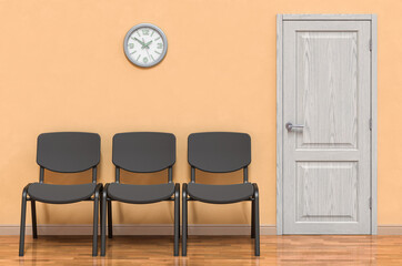 Row of chairs in waiting or meeting room, 3D rendering