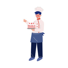 Man Professional Chef Character Holding Delicious Cake, Male Baker Wearing Traditional Uniform Working in Restaurant or Cafe, Vector Illustration