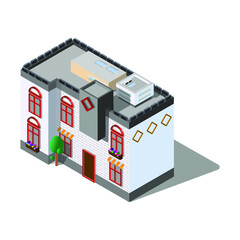 Wide house with a facade, flowers and windows, isometric style.eps