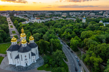 Welcome to Chernigov city Ukraine aerial view at the sunset.