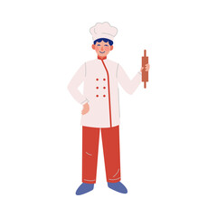 Man Professional Chef Character with Rolling Pin, Male Kitchener Wearing Traditional Uniform Working in Restaurant or Cafe, Vector Illustration