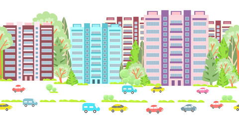 seamless border with cute high rise buildings surrounded by tree