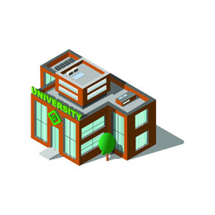 Isometric brown two-storey house with glass doors. Vector graphics, isometry. Municipal building. University building.eps