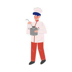 Man Professional Chef Character with Saucepan and Laddle, Male Kitchener Wearing Traditional Uniform Working in Restaurant or Cafe, Vector Illustration