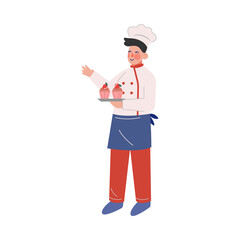 Man Professional Chef Character with Delicious Cupcakes, Male Baker Wearing Traditional Uniform Working in Restaurant or Cafe, Vector Illustration