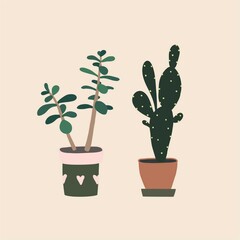 Cactus and succulent in flowerpot. Houseplant isolated. Trendy hugge style, urban jungle decor gift. Hand drawn sketch, naive art. Print, poster, banner. Logo, label. Green, pink, brown pastel color