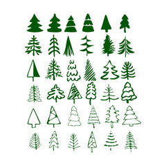 Obraz premium Christmas trees. Hand-draw doodles in green color.