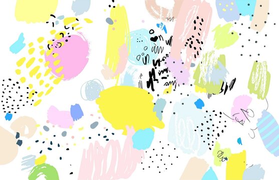 Naive art. Contemporary pattern. Brush, marker, highlight stroke. Abstract background. Vector artwork. Memphis 80s, 90s retro style. Child, kid drawing. Pink, black, blue, green, yellow, white color