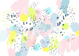 Naive art border. Contemporary pattern. Brush, marker, highlight stroke. Bohemian wallpaper. Vector artwork. Memphis 80s, 90s retro style. Child, kid drawing. Pink, grey, blue, green, yellow colors