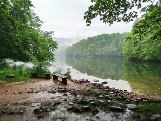 Benches on shore of calm river. Benches located on wet coast of peaceful river on foggy summer day in countryside