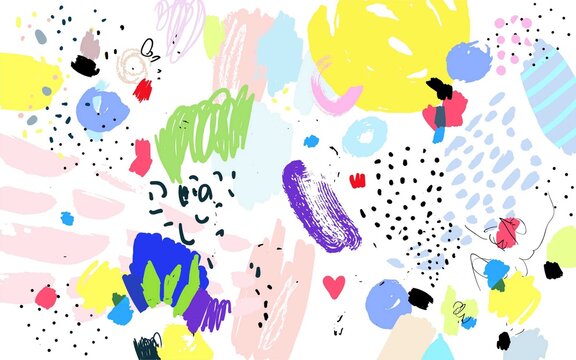 Naive art pattern. Brush, marker, highlight stroke. Abstract background. Vector artwork. Memphis 80s, 90s retro style. Child, kid drawing. Pink, black, blue, green, yellow, red, purple, violet colors 