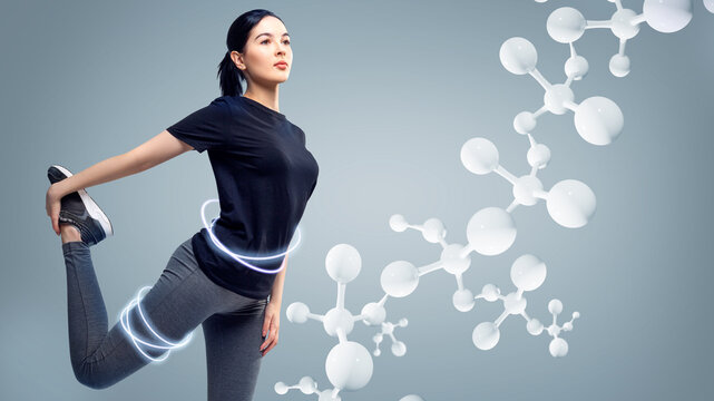 Sporty girl among white molecules. Good metabolism concept.
