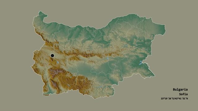 Kardzhali, province of Bulgaria, with its capital, localized, outlined and zoomed with informative overlays on a relief map in the Stereographic projection. Animation 3D