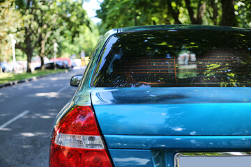 Back window of blue car parked on the street in summer sunny day, rear view. Mock-up for sticker or...