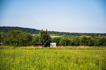 A caravan on a green meadow surrounded by trees under the blue sky