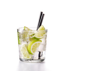 Caipiroska cocktail with lime isolated on white background. Copy space
