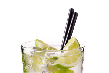 Caipiroska cocktail with lime isolated on white background. Close up