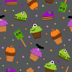 Halloween seamless pattern with cupcakes, sweets, cakes, lollipops and pumpkins