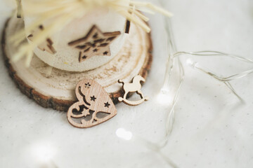 close up of a wooden decorations and lights 
