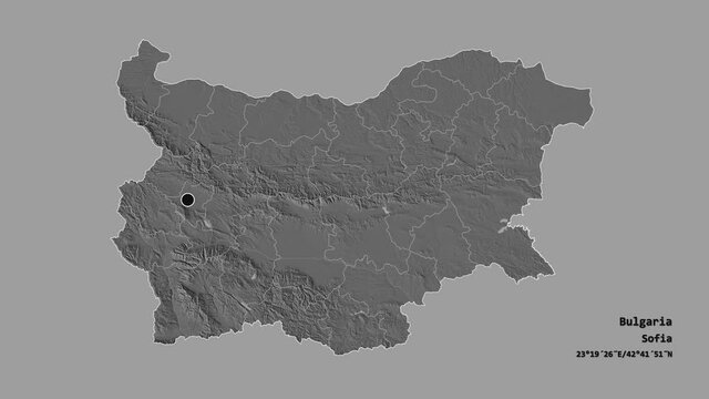 Razgrad, province of Bulgaria, with its capital, localized, outlined and zoomed with informative overlays on a bilevel map in the Stereographic projection. Animation 3D