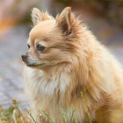 Portrait a a female brown fluffy chihuahua dog