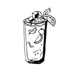 A glass of lemonade with ice and mint. Sketch with a cocktail with orange and lemon slices on a white background.