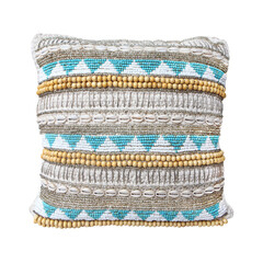 pillow cushion knitted macrame with shell and beads isolated on white background. Details of modern...