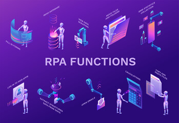 Robotic process automation elements set with robots working with data, arms moving files, extracting information from websites, digital technology service, 3d isometric vector illustration