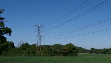 Obraz premium Pylon against deep blue sky standing in corn field in spring