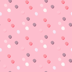 Fototapeta na wymiar Geometric polka dot seamless pattern. White, rozy and purple elements on pink background.