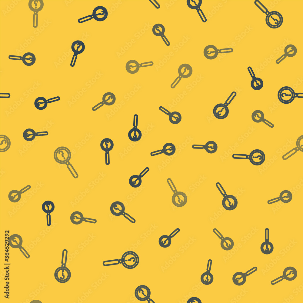 Poster blue line magnifying glass with search icon isolated seamless pattern on yellow background. detectiv