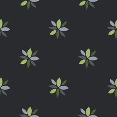 Obraz premium Geometric flowers abstract seamless pattern. Dark background, blue and green elements. Simple design.