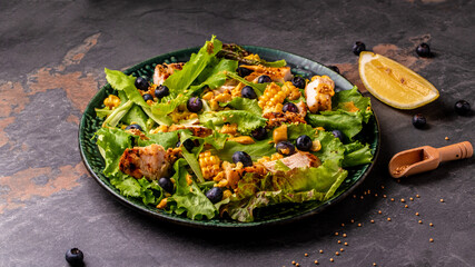 Diet menu. Healthy salad of fresh berries, chicken fillet, green vegetables and mustard. healthy food. banner, catering menu recipe place for text, top view