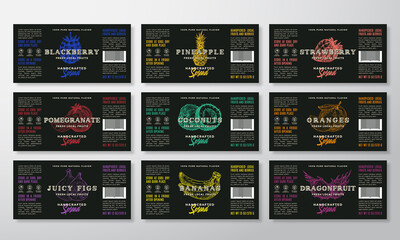 Handcrafted Spread or Jam Labels Template Collection. Abstract Vector Packaging Design Layouts Set. Modern Typography Banners with Hand Drawn Fruits, Berries and Nuts Silhouettes Background.