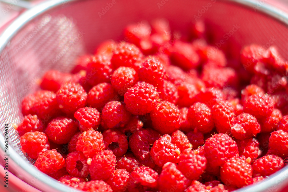 Poster Red raspberry berry in a bucket. The view from the top