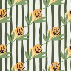 Diagonal dandelion flowers in orande tones on seamless pattern. White background with black lines.