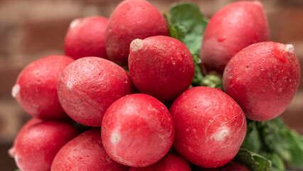 Heap of small red radish with green leaves at the market. Space for text. Design concept.