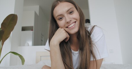 Smiling young woman blogger vlogger influencer