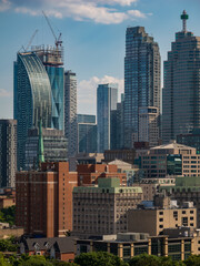Skyscrapers of banks and modern high rise buildings , constructions sites and older buildings in the Financial District of Toronto